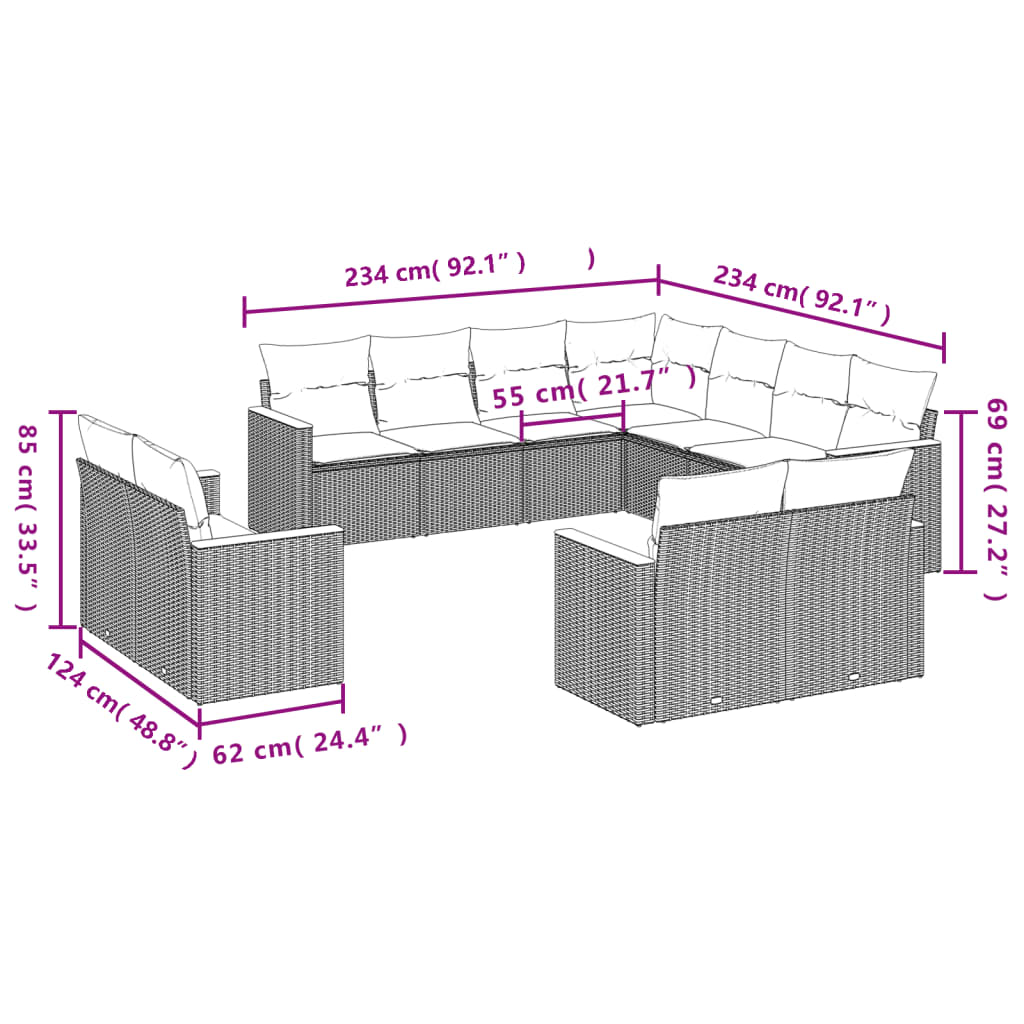 vidaXL Set de sofás de jardín 11pzas con cojines ratán sintético beige