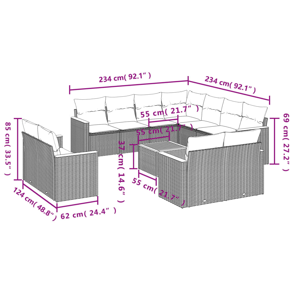 vidaXL Set de sofás de jardín 12 pzas y cojines ratán sintético marrón