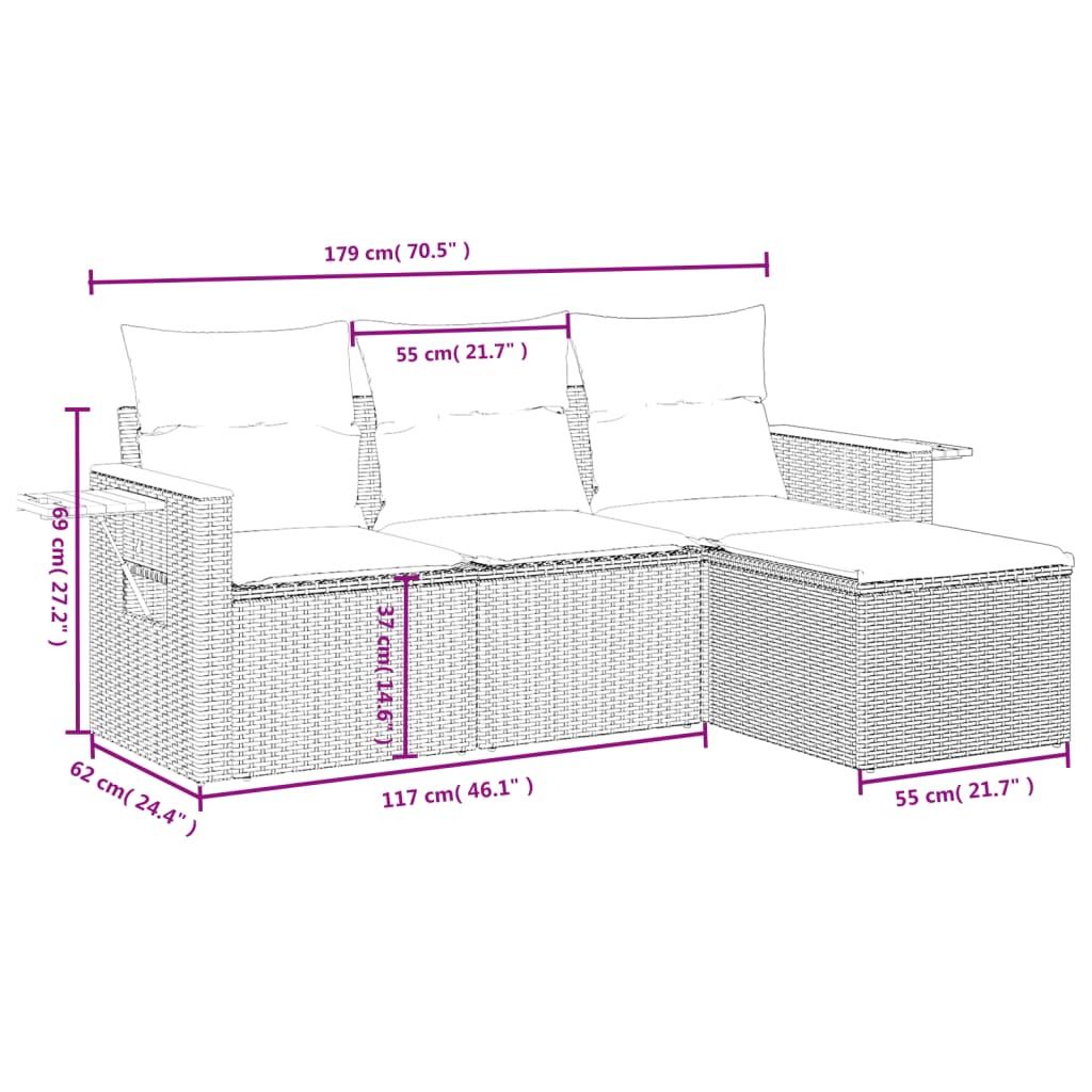 vidaXL Set de sofás de jardín 4 pzas y cojines ratán sintético gris