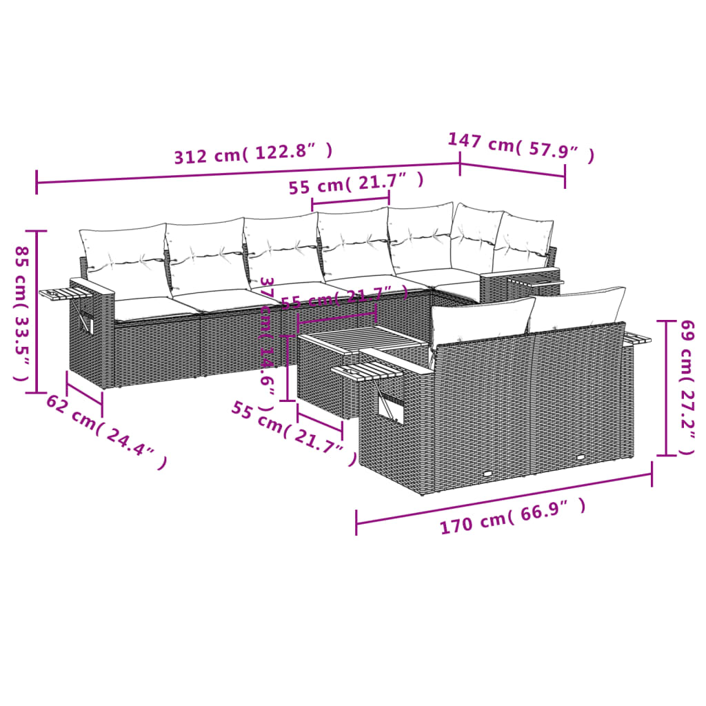 vidaXL Set de sofás de jardín 9 pzas con cojines ratán sintético beige