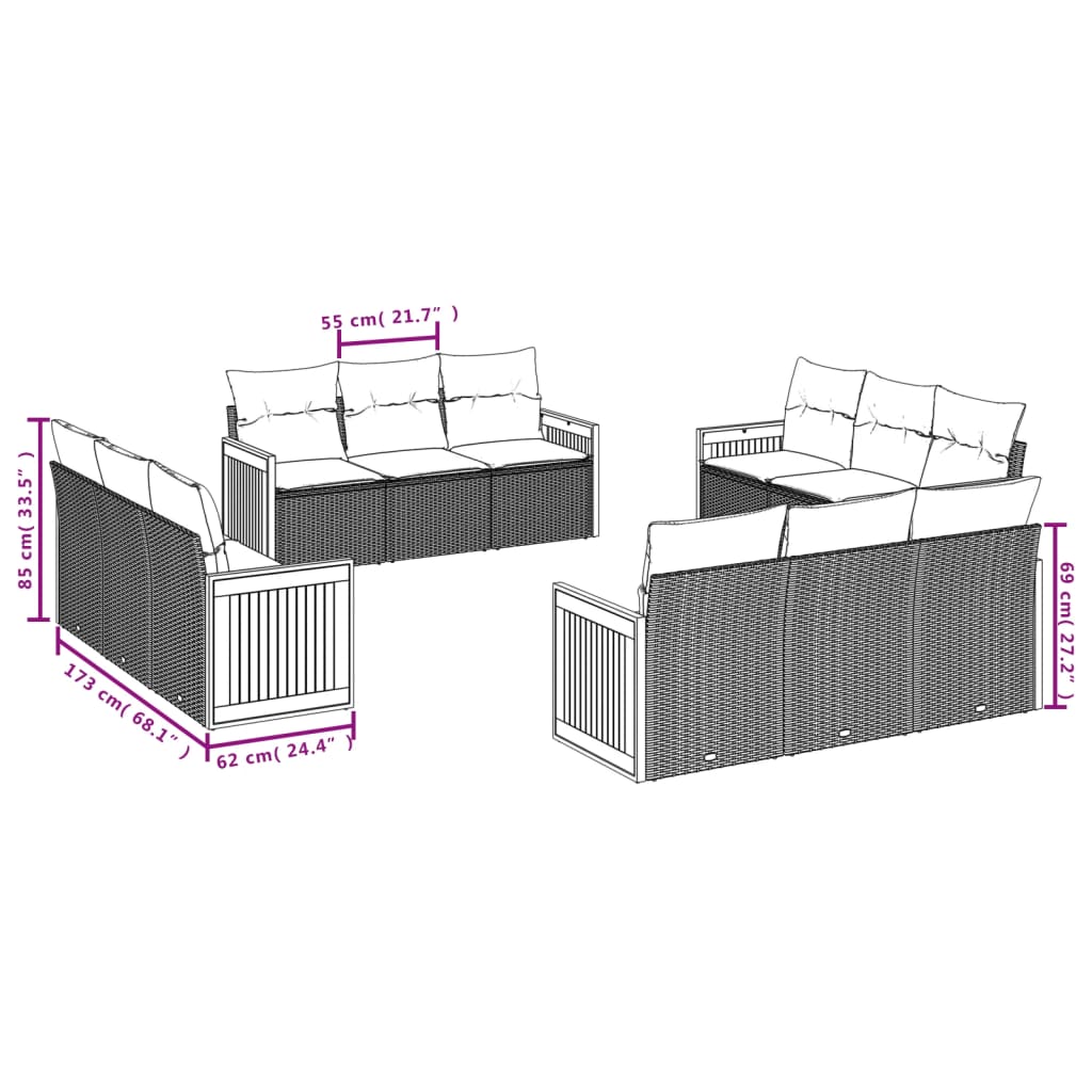 vidaXL Set de sofás de jardín 12 pzas y cojines ratán sintético marrón