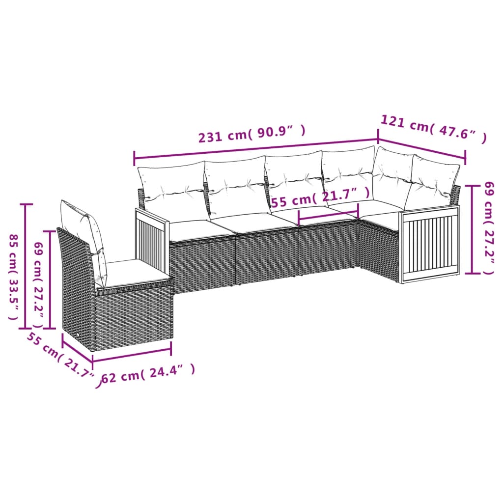 vidaXL Set de sofás de jardín 6 piezas y cojines ratán sintético negro