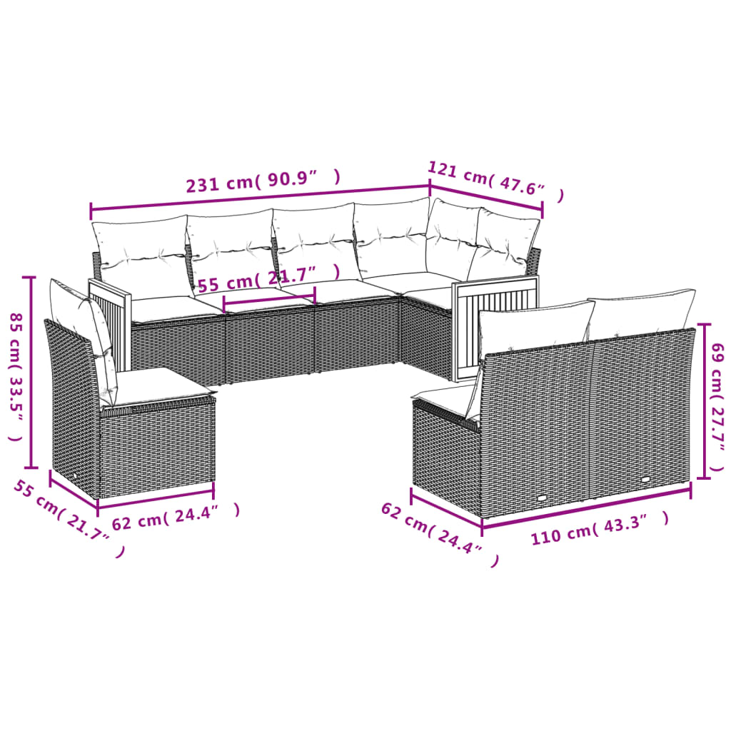 vidaXL Set de sofás de jardín 8 pzas y cojines ratán sintético gris