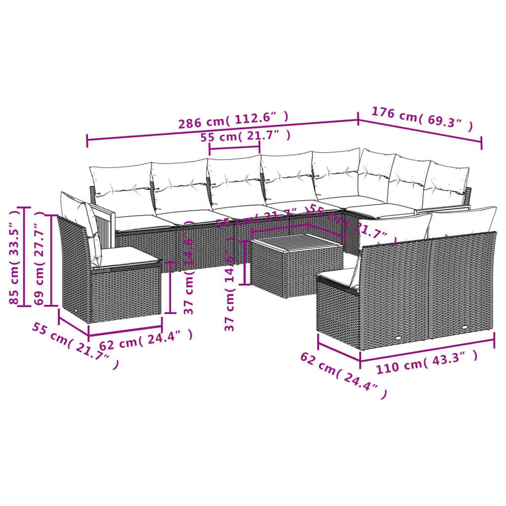 vidaXL Set de sofás de jardín 11pzas con cojines ratán sintético beige