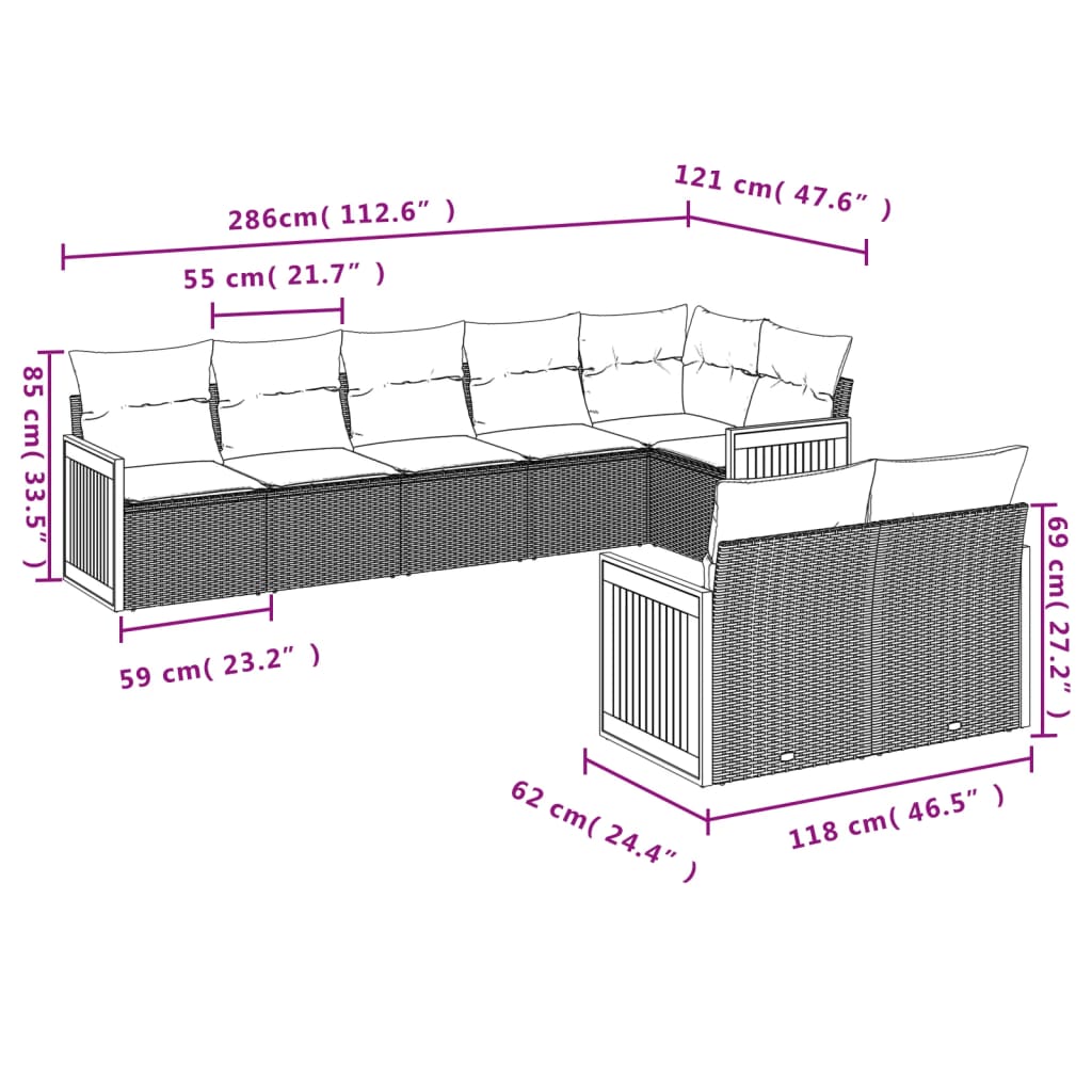 vidaXL Set de sofás de jardín 8 pzas y cojines ratán sintético gris