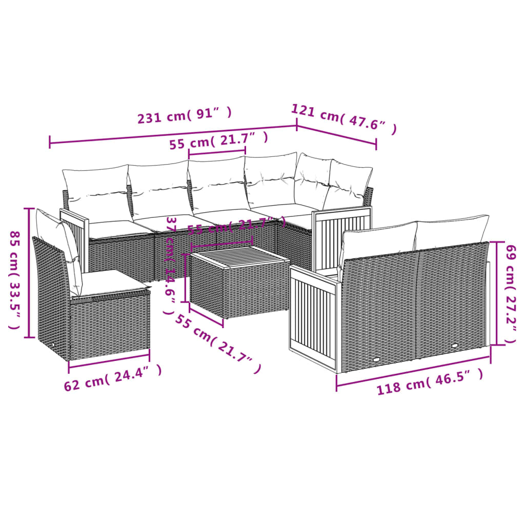 vidaXL Set de sofás de jardín 9 pzas con cojines ratán sintético beige