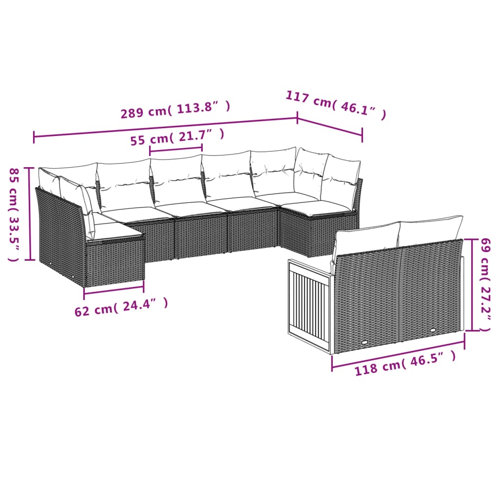 vidaXL Set de sofás de jardín 9 pzas con cojines ratán sintético beige