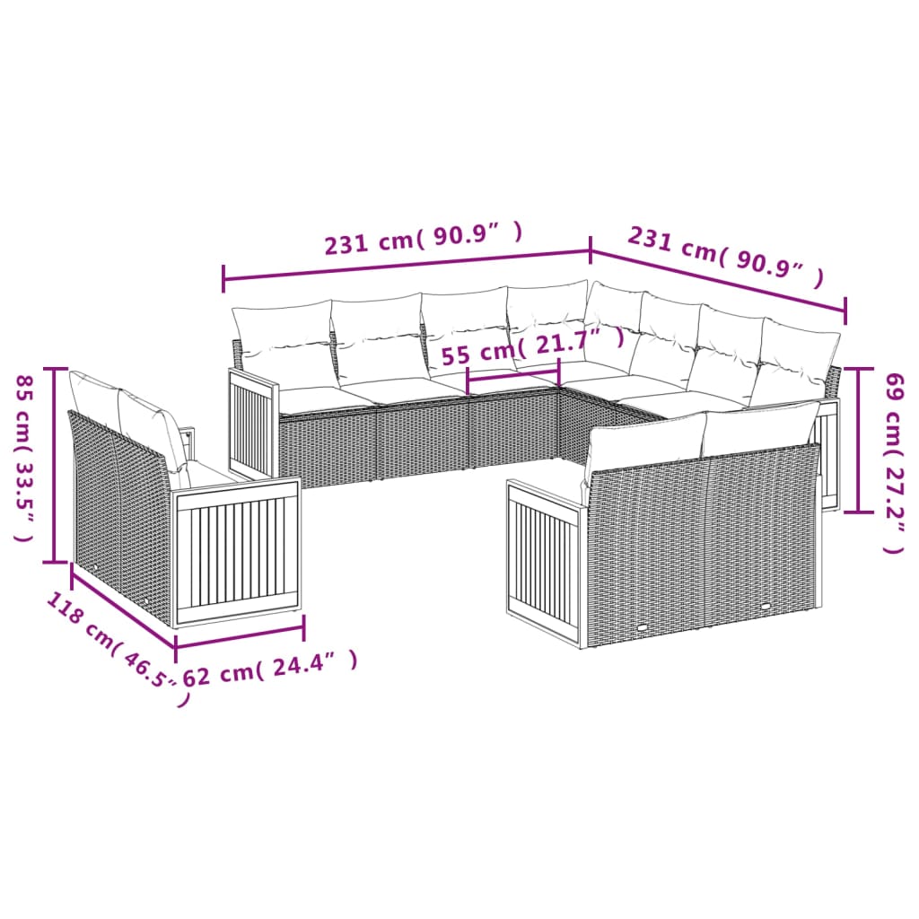 vidaXL Set de sofás de jardín 11pzas con cojines ratán sintético beige