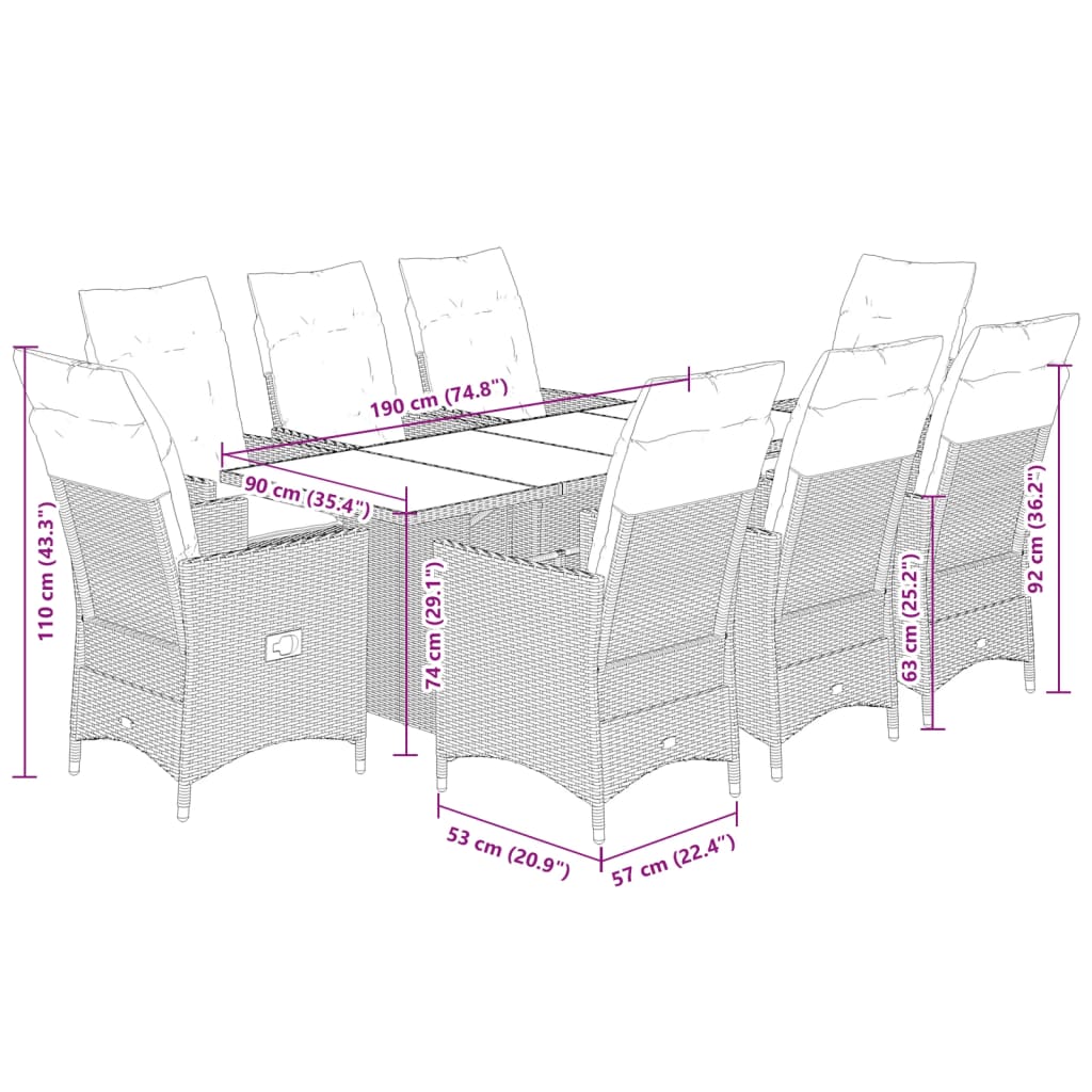 vidaXL Set de comedor de jardín 9 pzas y cojines ratán sintético negro