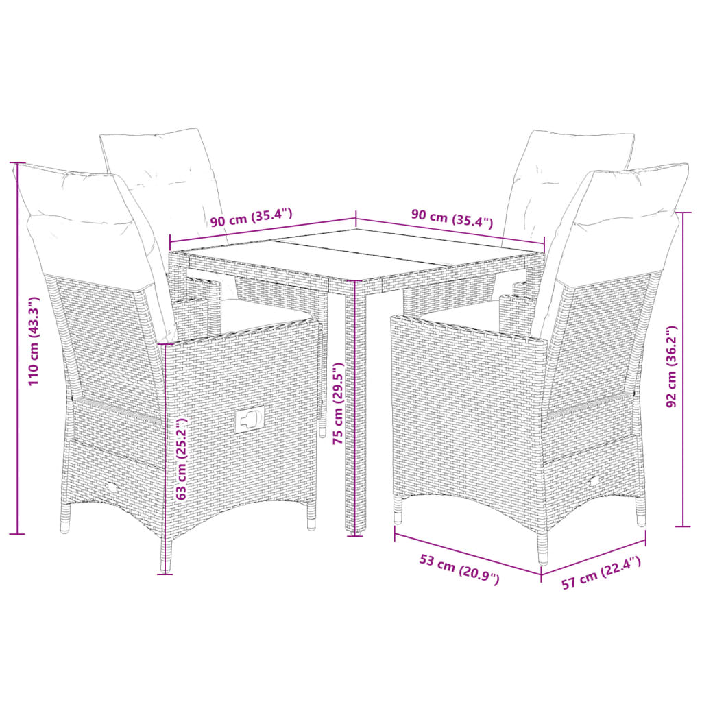 vidaXL Set comedor de jardín 5 piezas y cojines ratán sintético marrón