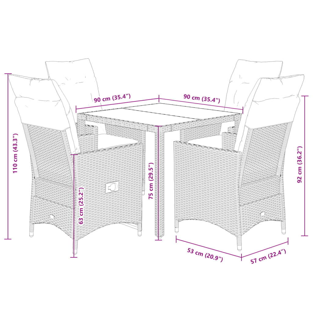 vidaXL Set comedor de jardín 5 piezas y cojines ratán sintético marrón