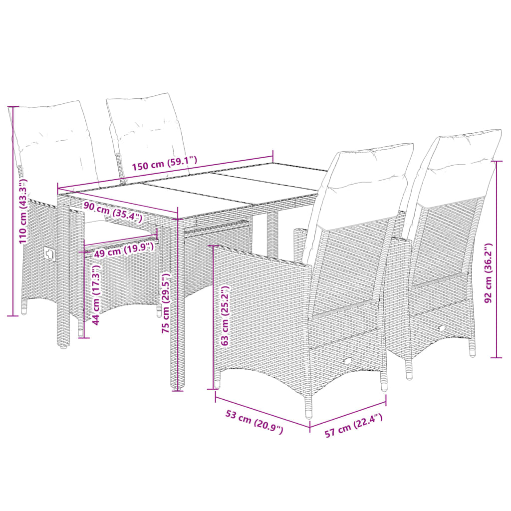 vidaXL Set comedor de jardín 5 piezas y cojines ratán sintético marrón