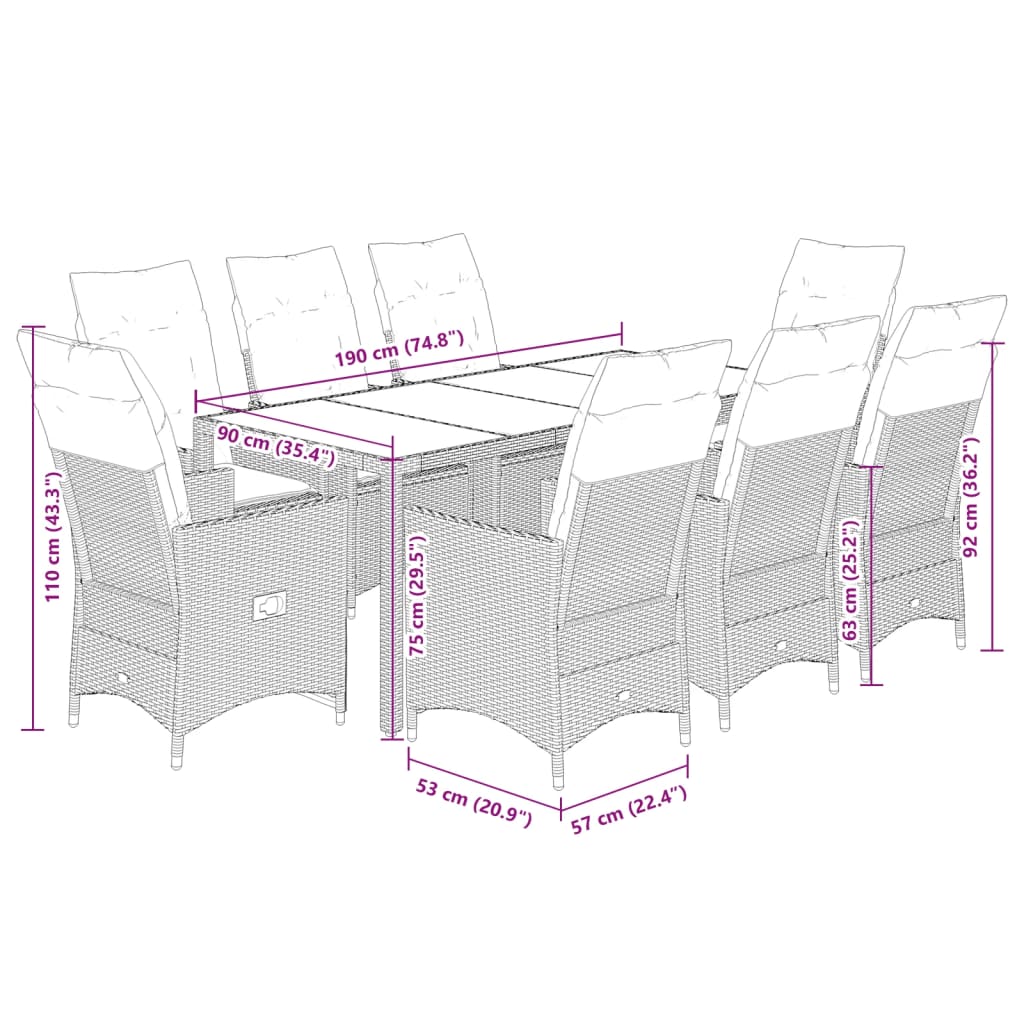 vidaXL Set comedor para jardín 9 pzas y cojines ratán sintético marrón