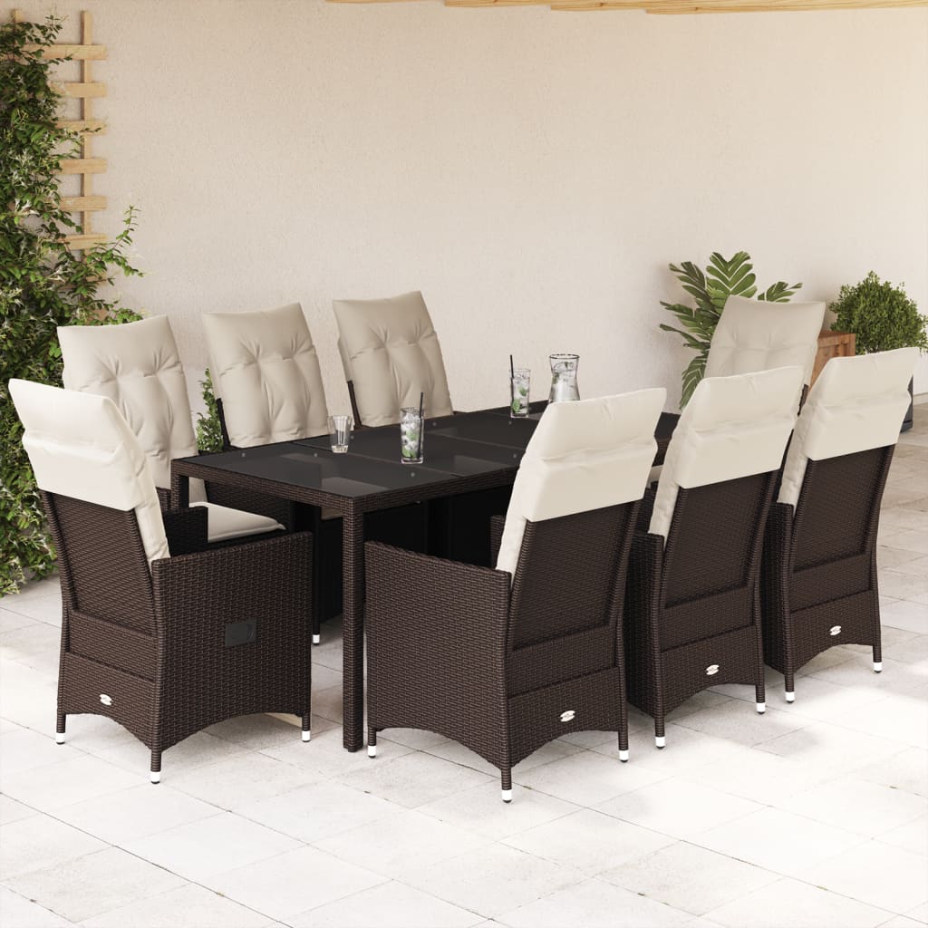 vidaXL Set comedor para jardín 9 pzas y cojines ratán sintético marrón