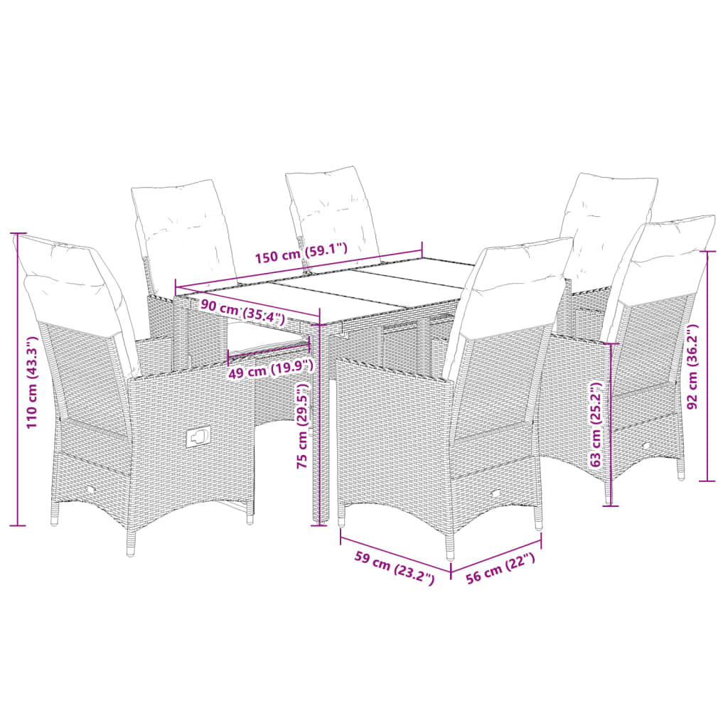 vidaXL Set comedor de jardín 7 pzas con cojines ratán sintético beige