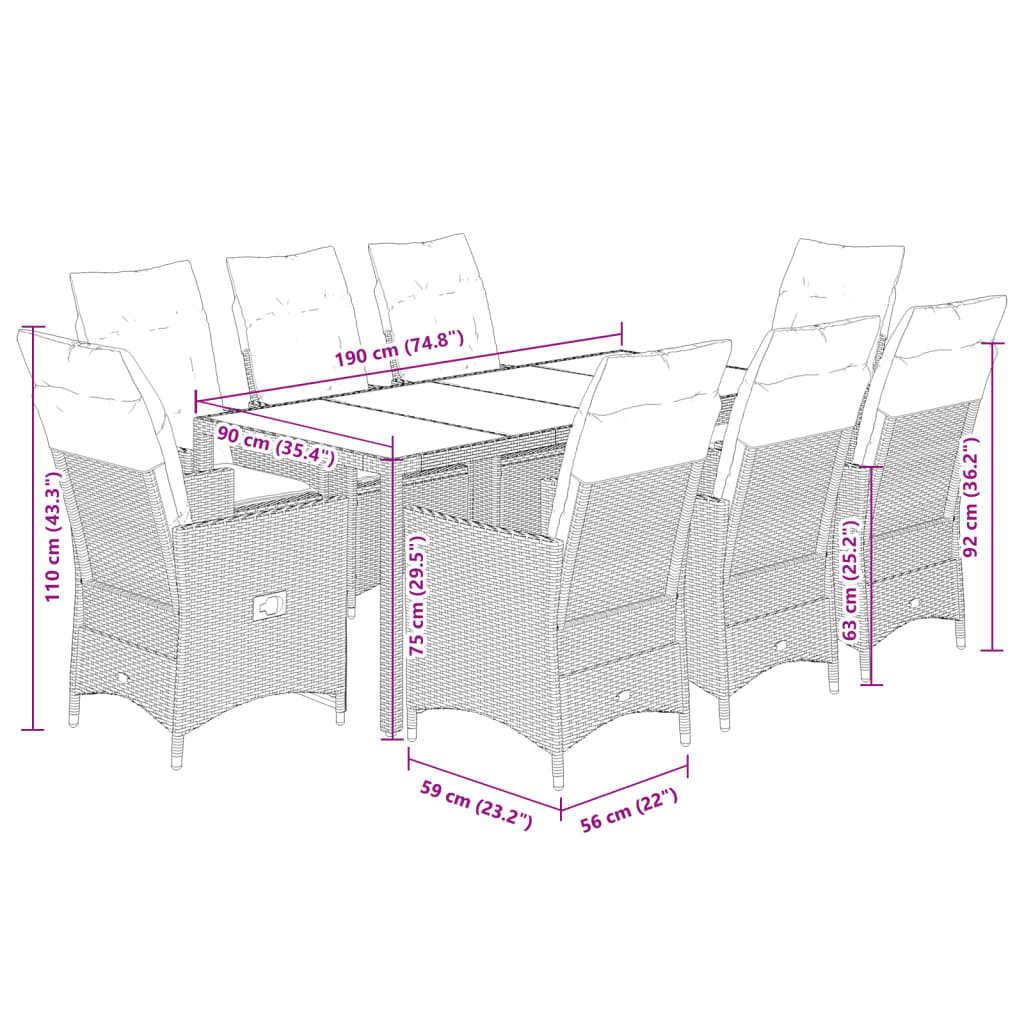 vidaXL Set comedor de jardín 9 pzas con cojines ratán sintético beige