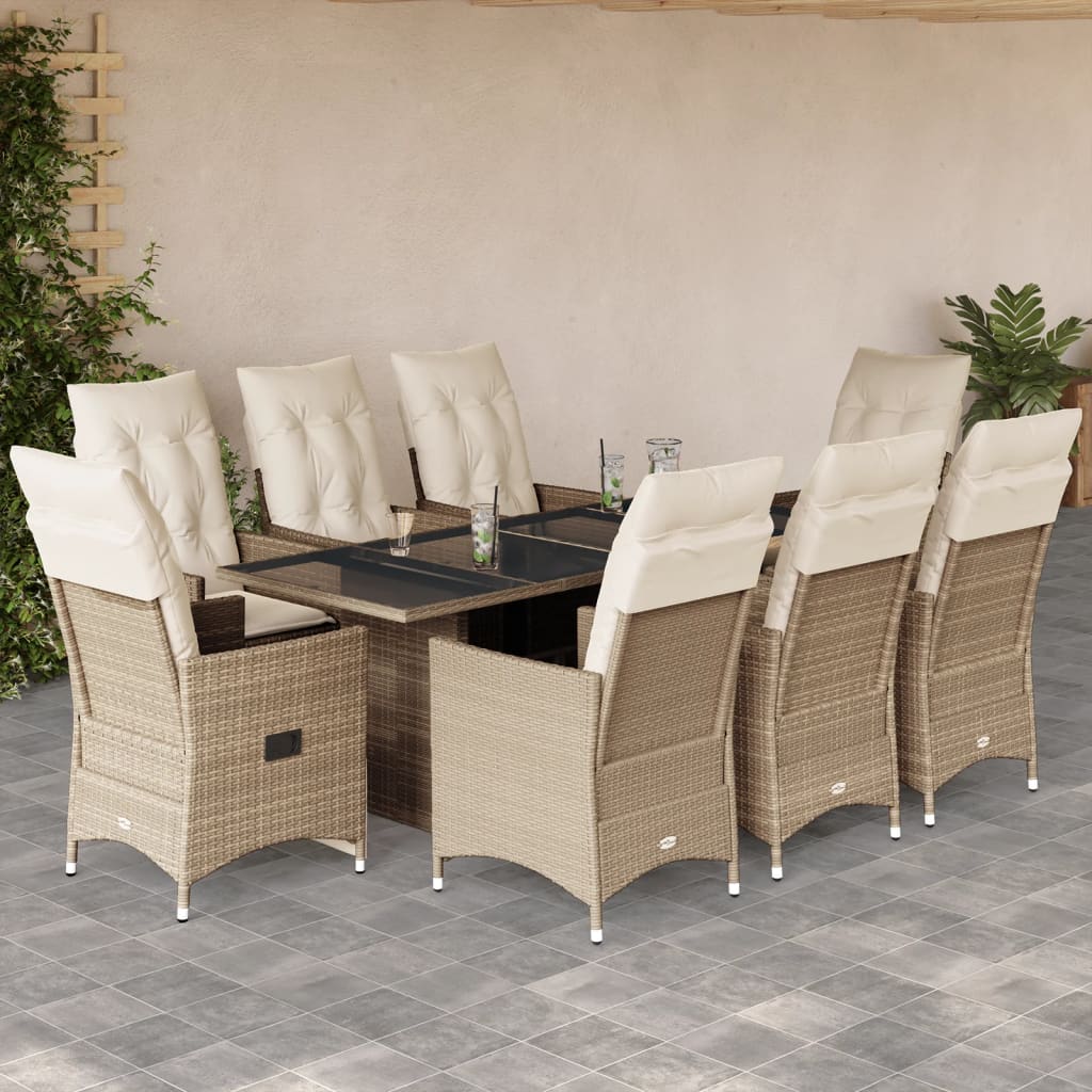 vidaXL Set comedor de jardín 9 pzas con cojines ratán sintético beige