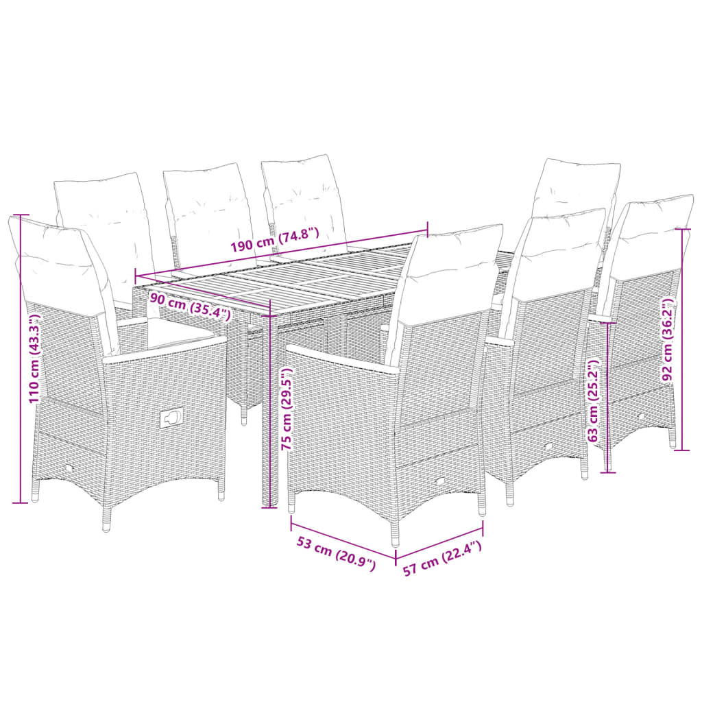 vidaXL Set de comedor de jardín 9 pzas y cojines ratán sintético negro