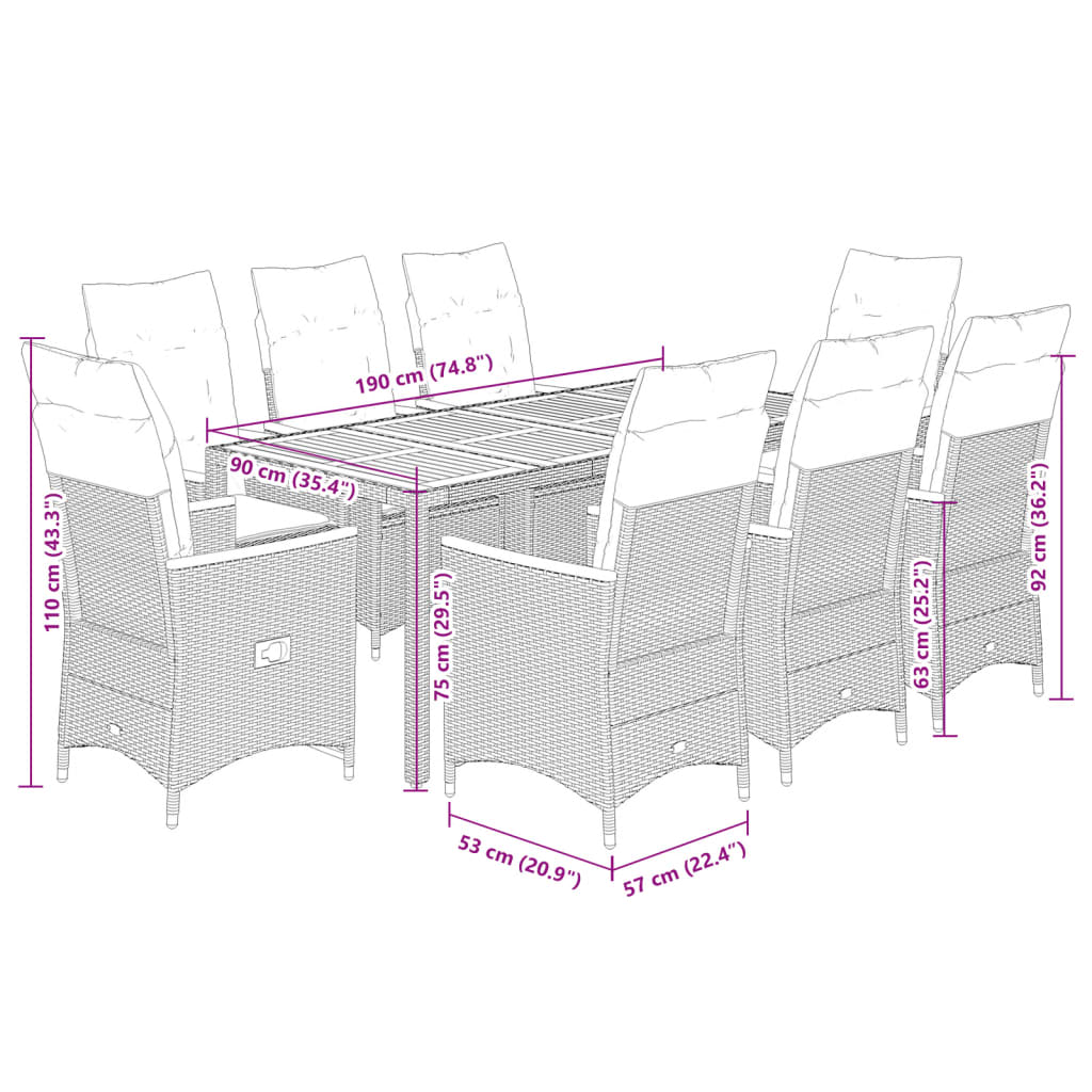 vidaXL Set de comedor de jardín 9 pzas y cojines ratán sintético negro