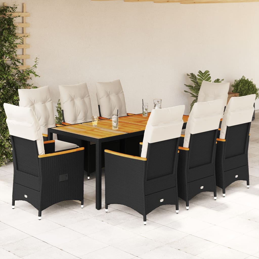 vidaXL Set de comedor de jardín 9 pzas y cojines ratán sintético negro