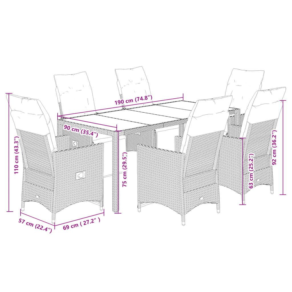 vidaXL Set de comedor de jardín 7 pzas y cojines ratán sintético negro