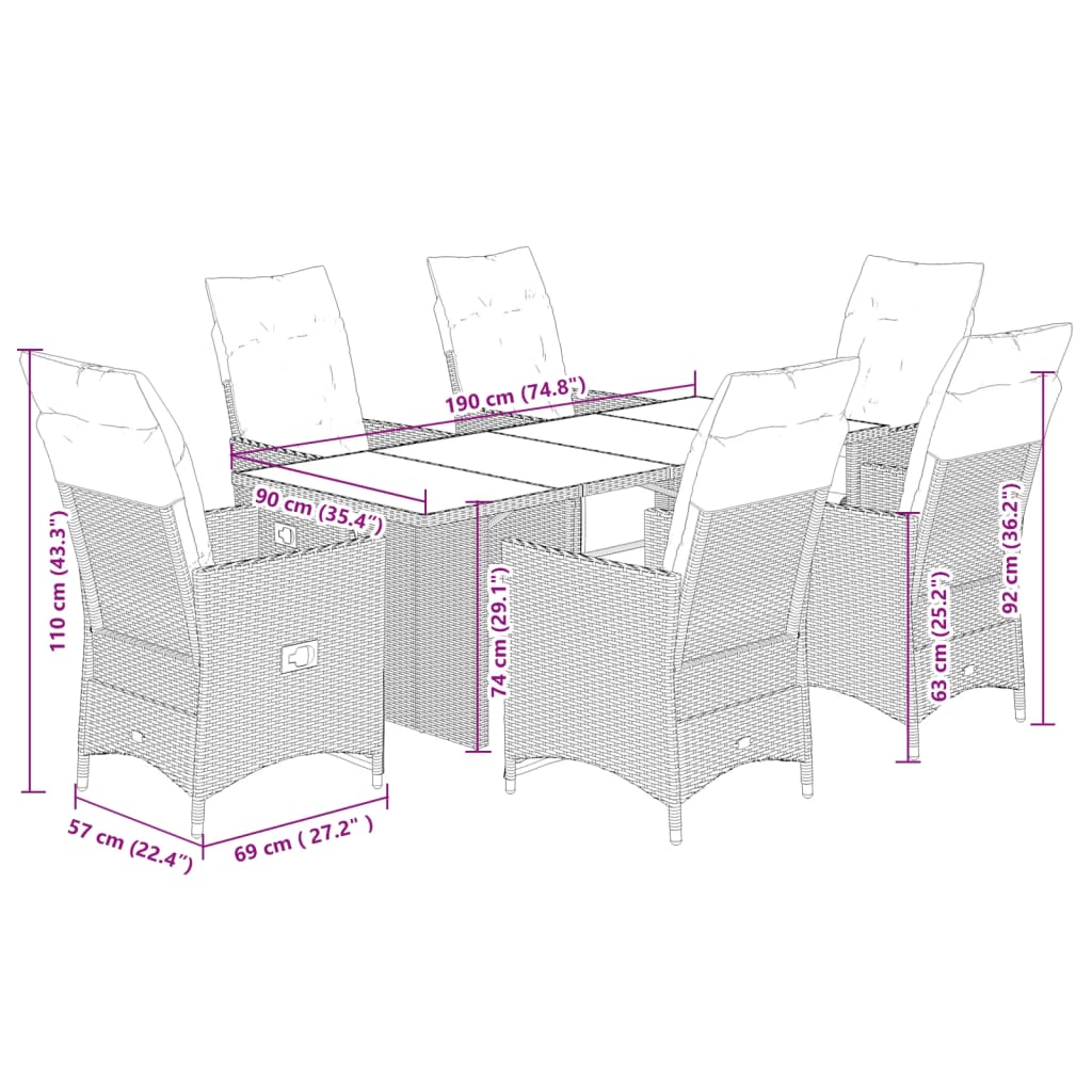 vidaXL Set de comedor de jardín 7 pzas y cojines ratán sintético negro