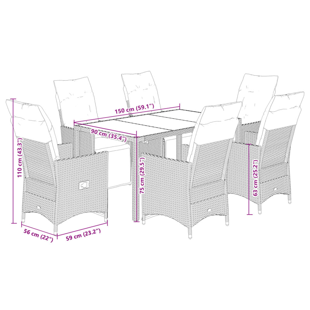 vidaXL Set de mesa y sillas jardín 7 pzas con cojines ratán PE marrón