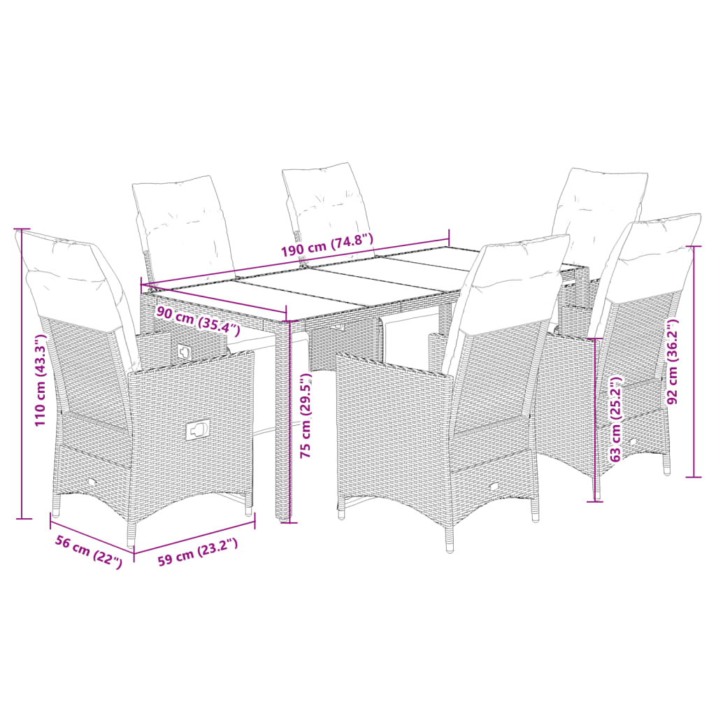 vidaXL Set de mesa y sillas jardín 7 pzas con cojines ratán PE marrón