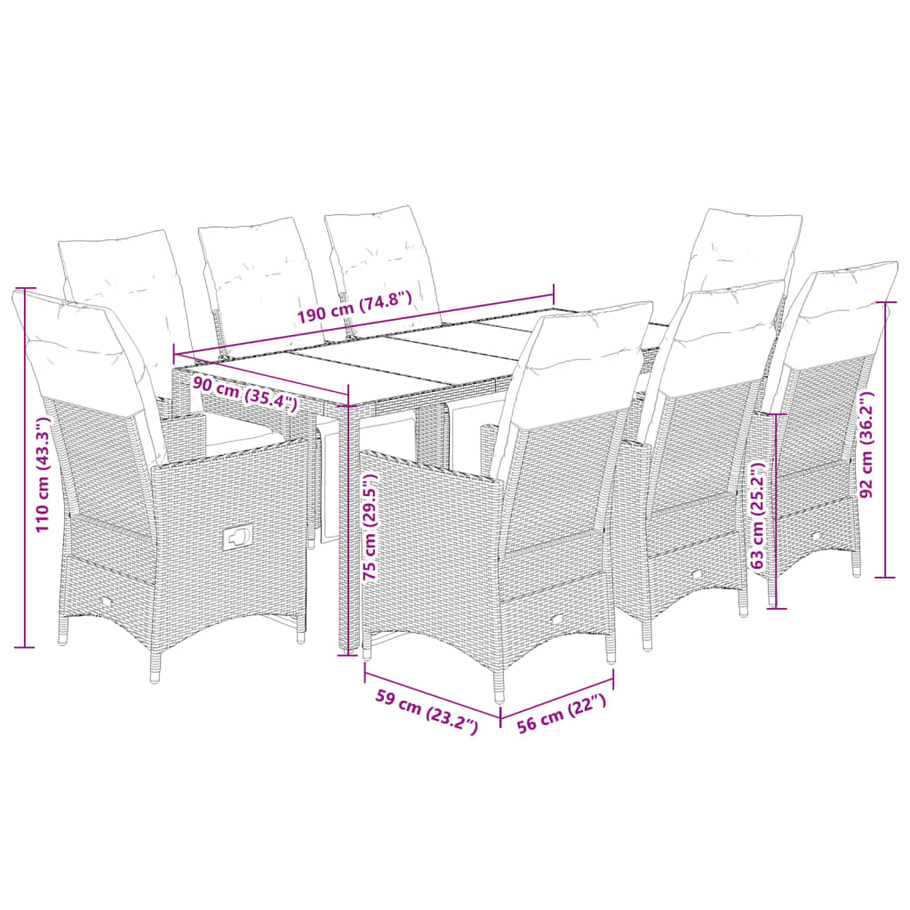 vidaXL Set de mesa y sillas jardín 9 piezas y cojines ratán PE marrón