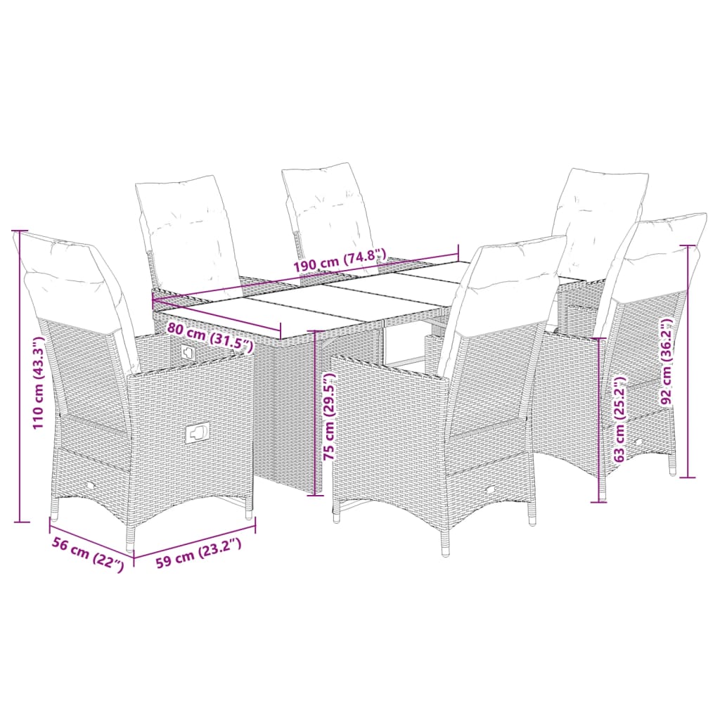 vidaXL Set de mesa y sillas jardín 7 pzas con cojines ratán PE marrón