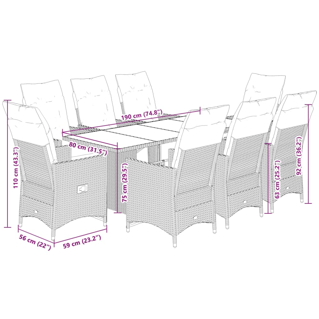 vidaXL Set de mesa y sillas jardín 9 piezas y cojines ratán PE marrón