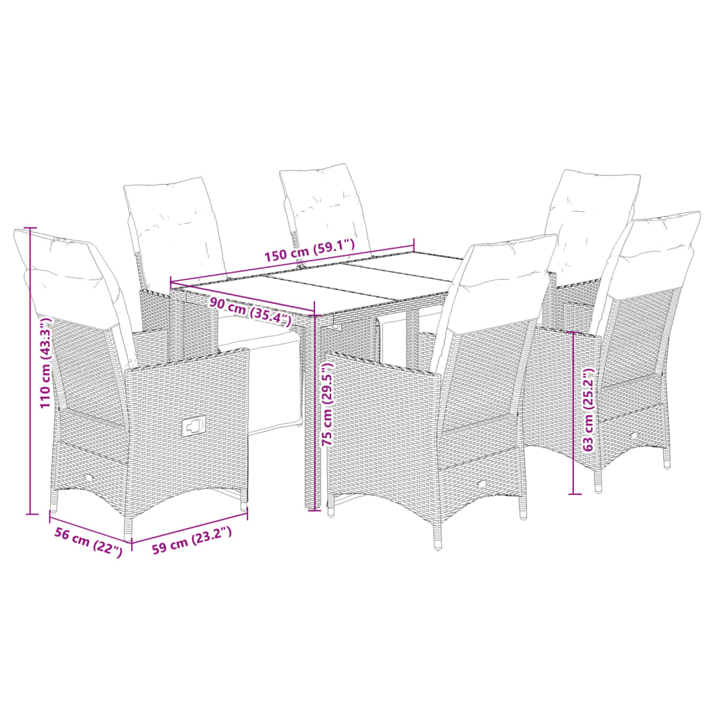 vidaXL Set de mesa y sillas de jardín 7 pzas y cojines ratán PE beige