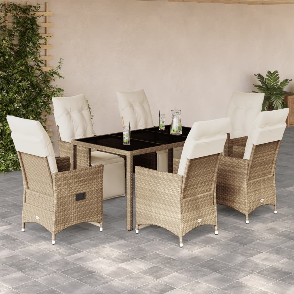 vidaXL Set de mesa y sillas de jardín 7 pzas y cojines ratán PE beige