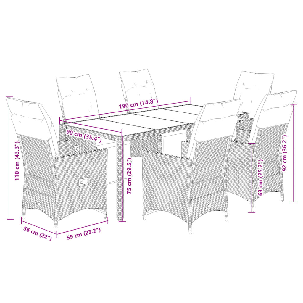 vidaXL Set de mesa y sillas de jardín 7 pzas y cojines ratán PE beige