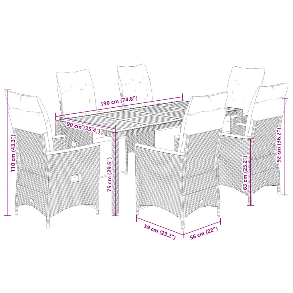 vidaXL Set de mesa y sillas de jardín 7 pzas y cojines ratán PE negro