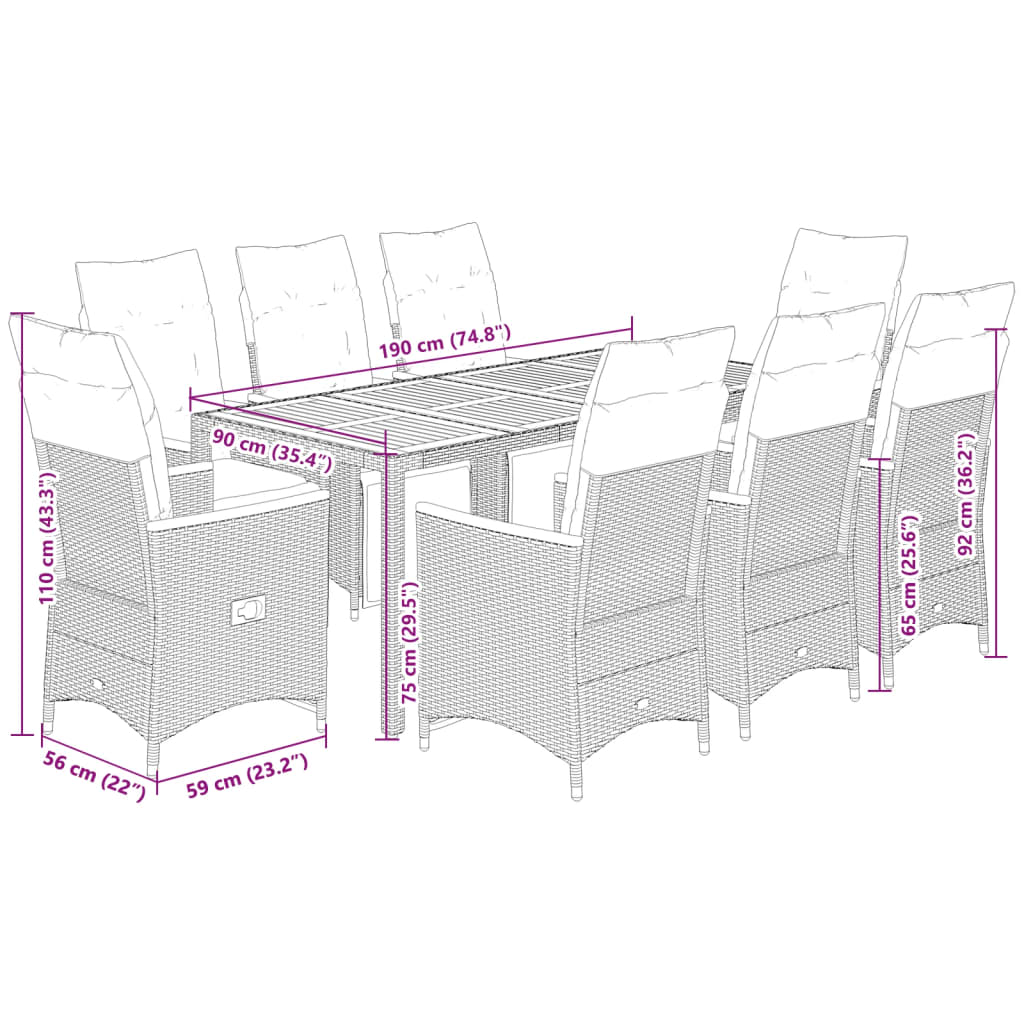 vidaXL Set de mesa y sillas de jardín 9 pzas y cojines ratán PE negro