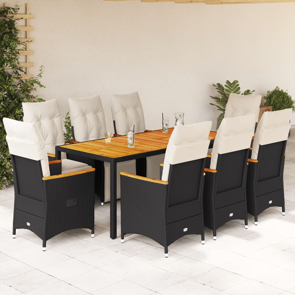 vidaXL Set de mesa y sillas de jardín 9 pzas y cojines ratán PE negro