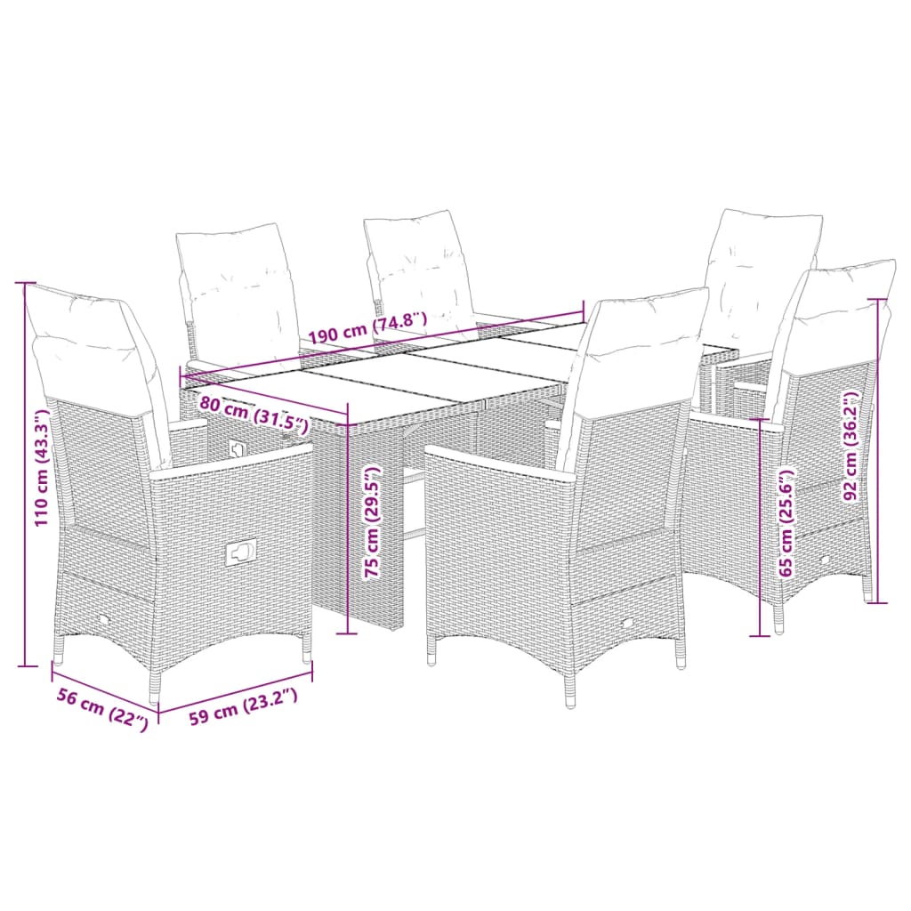 vidaXL Set de mesa y sillas de jardín 7 pzas y cojines ratán PE negro