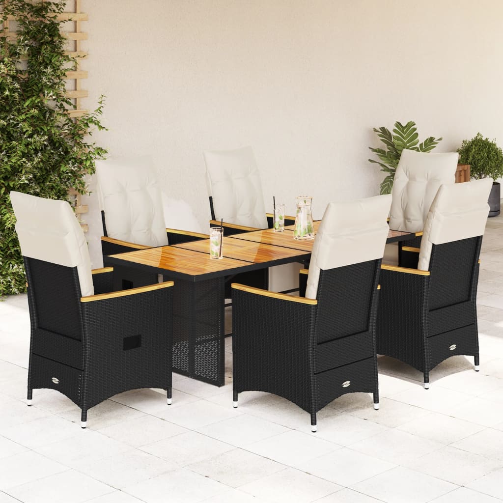 vidaXL Set de mesa y sillas de jardín 7 pzas y cojines ratán PE negro