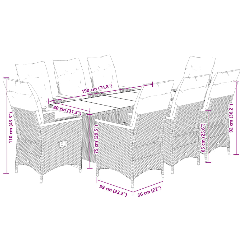 vidaXL Set de mesa y sillas de jardín 9 pzas y cojines ratán PE negro