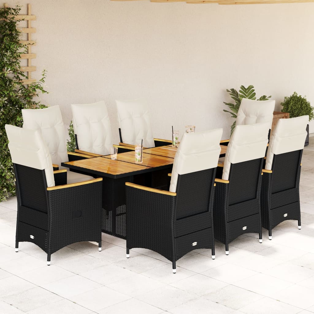 vidaXL Set de mesa y sillas de jardín 9 pzas y cojines ratán PE negro