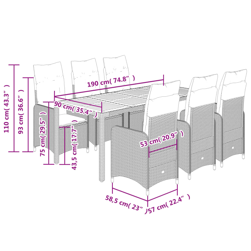 vidaXL Set de mesa y sillas de jardín 7 pzas y cojines ratán PE negro