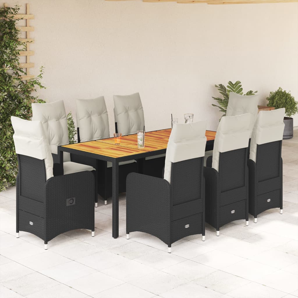 vidaXL Set de mesa y sillas de jardín 9 pzas y cojines ratán PE negro