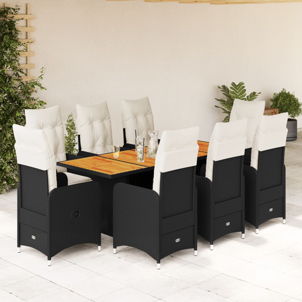 vidaXL Set de mesa y sillas de jardín 9 pzas y cojines ratán PE negro