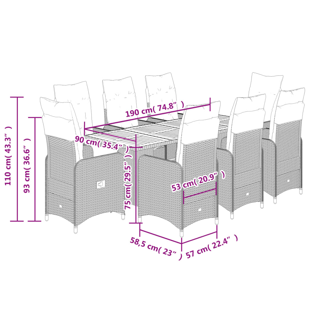 vidaXL Set de mesa y sillas de jardín 9 pzas y cojines ratán PE negro