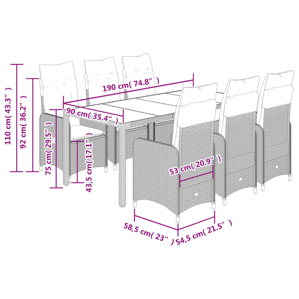 vidaXL Set de mesa y sillas de jardín 7 pzas y cojines ratán PE negro