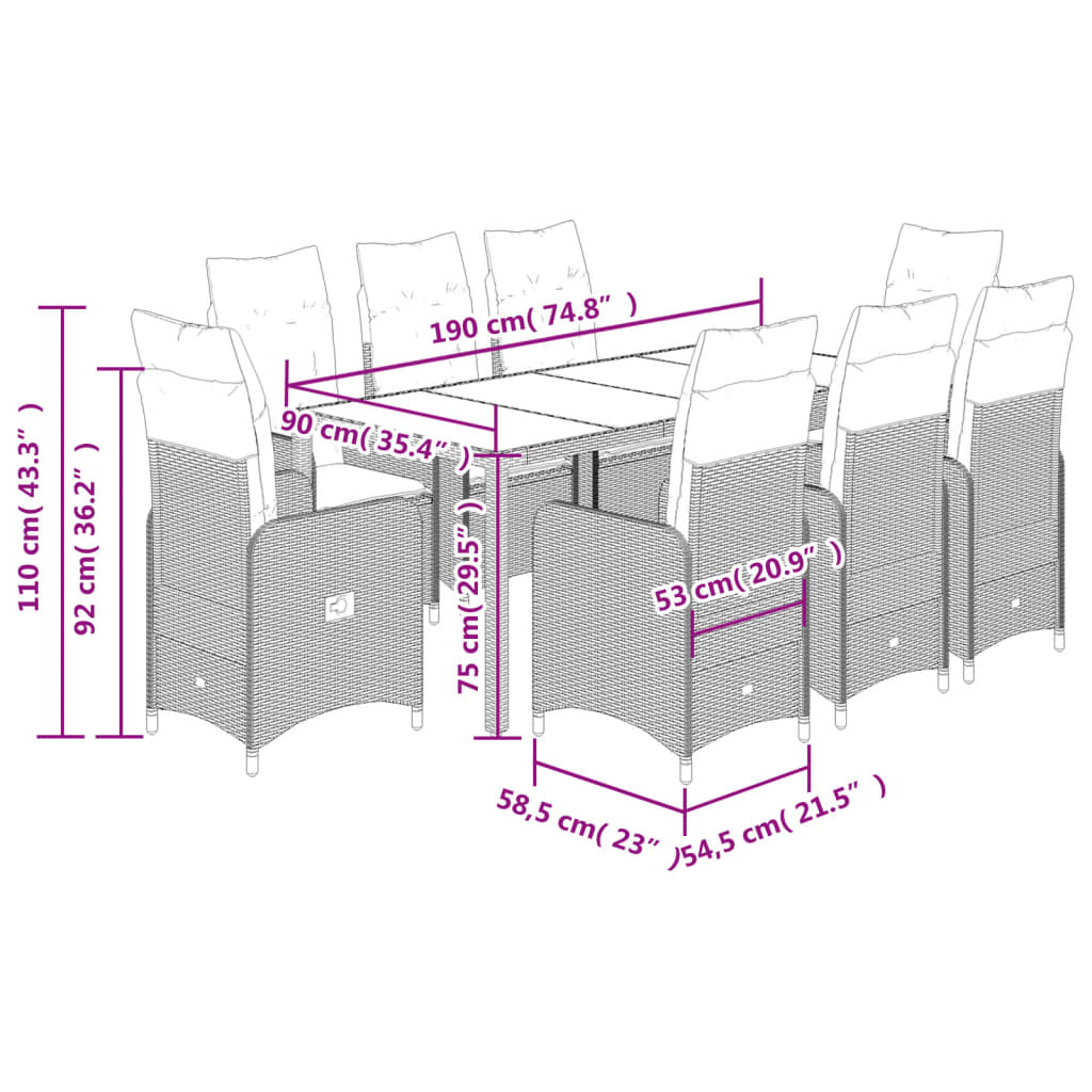 vidaXL Set de mesa y sillas de jardín 9 pzas y cojines ratán PE negro