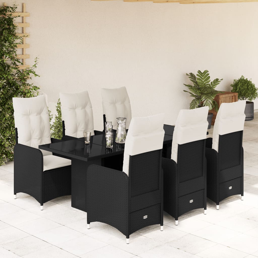 vidaXL Set de mesa y sillas de jardín 7 pzas y cojines ratán PE negro