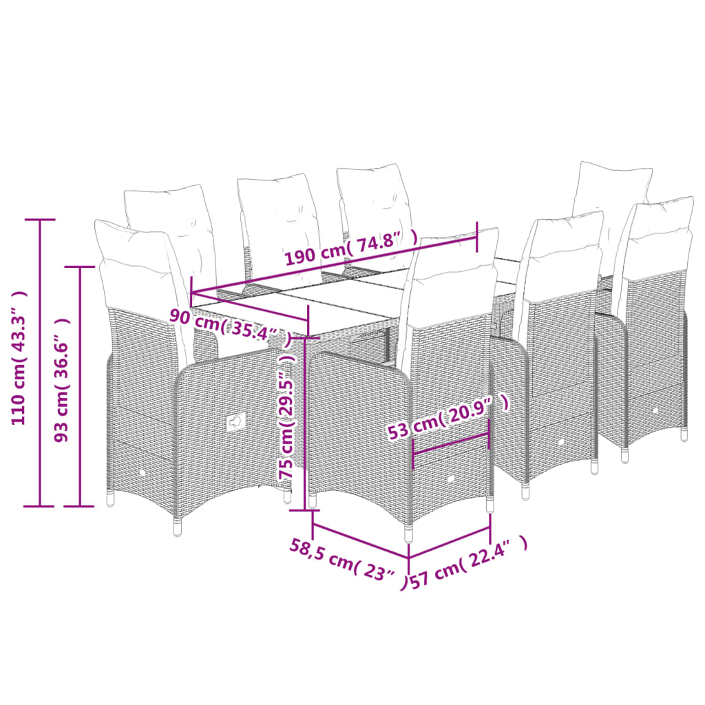 vidaXL Set de mesa y sillas de jardín 9 pzas y cojines ratán PE negro