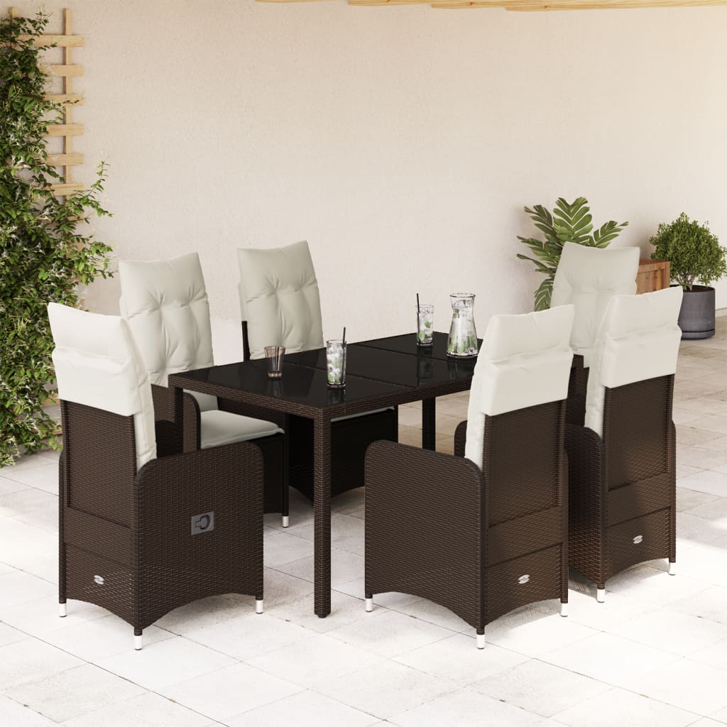 vidaXL Set de mesa y sillas jardín 7 pzas con cojines ratán PE marrón